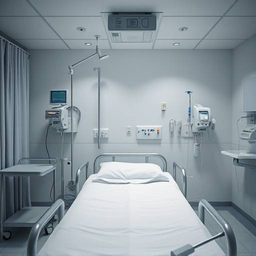 Celda de enfermería con cama hospitalaria, equipo médico y espacio para atención sanitaria
