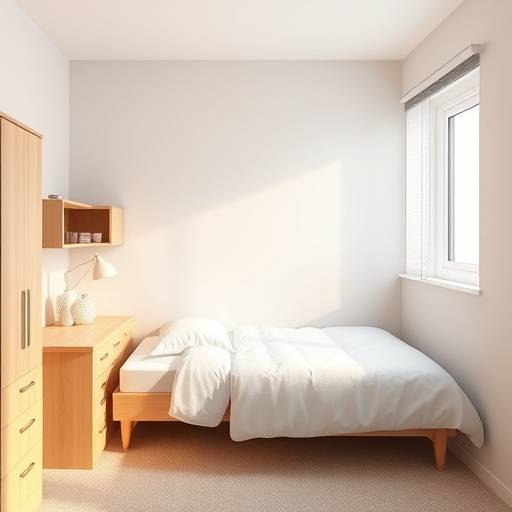 Celda individual estándar con cama, escritorio y ventana, iluminación suave y diseño funcional.