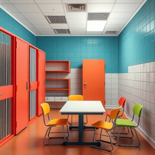 Celda para reclusos juveniles con colores vivos, mobiliario resistente y un área de estudio